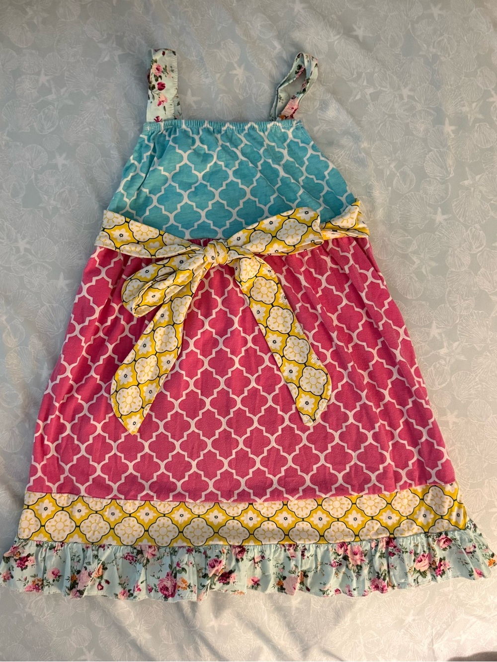 Girls Pink & Teal Patchwork Sundress with Floral Accents - Picture 2 of 3